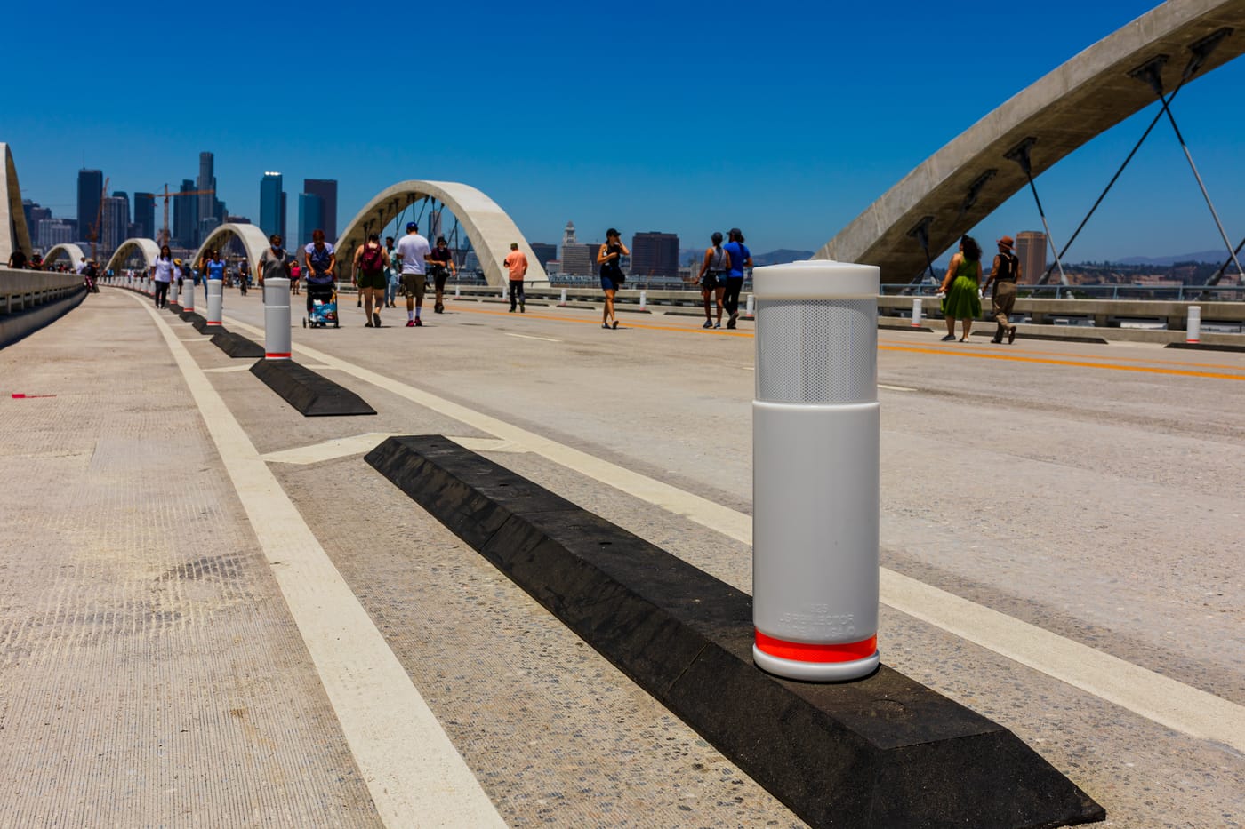 Rosehill recycled-rubber lane divider with a US Reflector Co. delineator post on the Sixth Street Viaduct on opening day